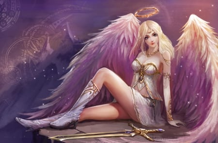 Alternate Kayle - woman, angel, girl, alternate kayle, wings, fantasy, art, game, pink, league of legends, feather