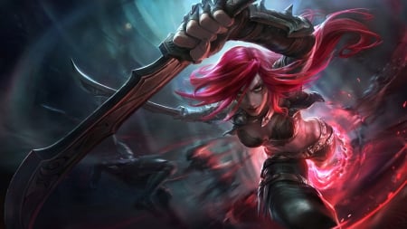 Katarina - sword, game, girl, redhead, art, fantasy, hand, katarina, league of legends, luminos, woman