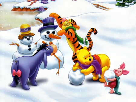 winnie the pooh - piglet, snowman, winter, winnie, pooh, tigger