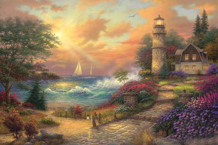 Seaside Dream - dreams, cottage, seaside, sky, beach, trees, paradise, water, sunset, path, painting, art, clouds, house, garden, birds, sunbeams, lighthouse, ocean, shore, lovely, beautiful, sailboat, flowers, sunrise, sea