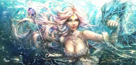 Goddess of the Ocean - woman, female, water, jewels, white, art, pretty, bicolor eyes, cute, lady, ocean, girl, long hair, pink hair, lovely, goddess, gem, abstract, blue, sea dragon, beautiful, top