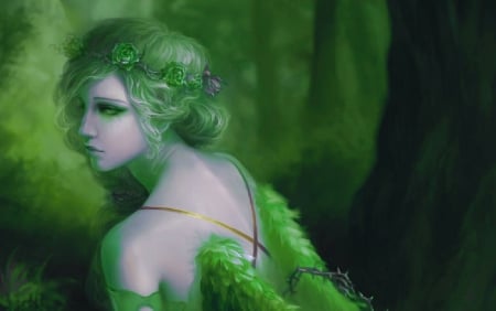 Green Fairie - woman, angel, serene, girl, soft, fantasy, nature, art, beautiful, fairie, green, fairy, digital