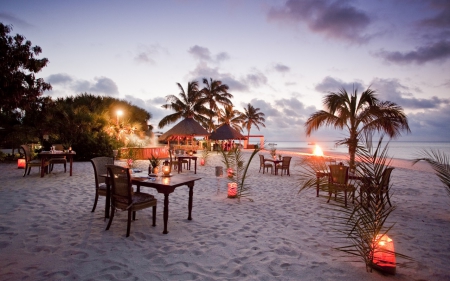 Dinner at the Beach - relax, dinner, sunset, holiday, andles, romantic, plam trees, sea