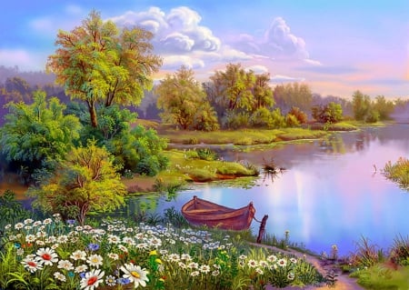 Landscape with daisies - trees, summer, beautiful, boat, landscape, spring, meadow, flowers, daisies, river, shore, painting, lvoely, lake, art, sky