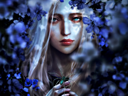 Blue witch - woman, girl, spider, fantasy, witch, sansaxix, face, art, sorceress, blue, flower