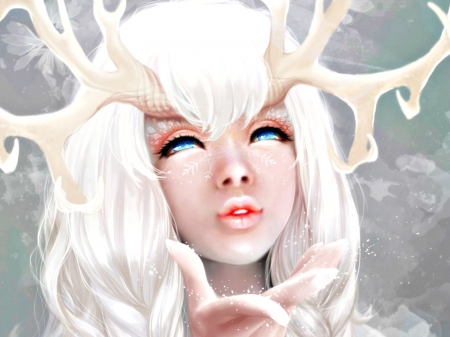 Kiss - woman, girl, blue eyes, winter, fantasy, horns, white, sansaxix, art, kiss, hand