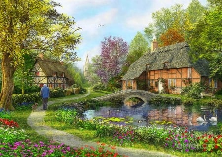 English Cottage - bridges, trees, attractions in dreams, gardens, beautiful, spring, architecture, flowers, swans, cottages, lakes, love four seasons, pathway