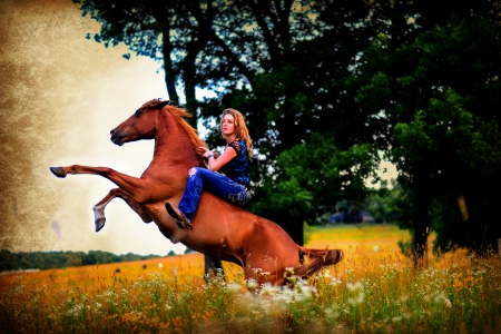 Cowgirl Laura Ashley - trees, horse, field, boots, singer, laura ashley