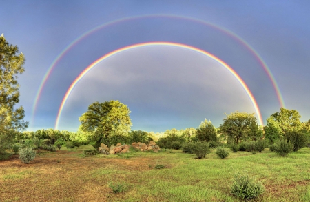 Double Rainbow - fun, nature, rainbow, field, cool