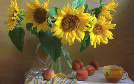 Still Life - sunflowers, peaches, pither, flowers, vase, cup