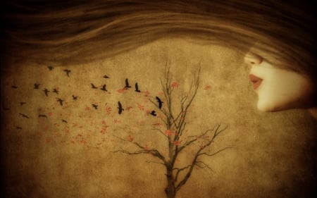 Woman-fantasy - woman, tree, fantasy, birds