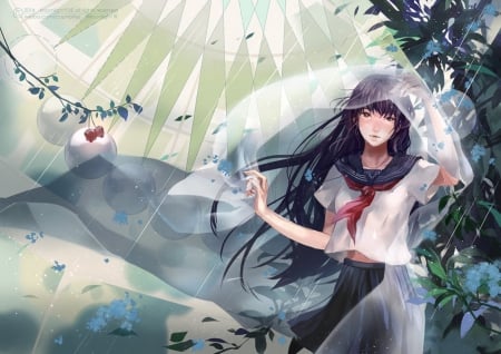 The rain of apple orchard - orchard, anime, girl, art