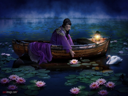 Boat - swans, lady, fantasy, boat