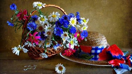 Still Life - gaisies, hat, photography, flowers, basket, spring