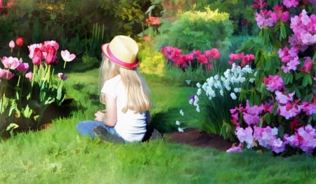 A small girl - flowers - a small, flowers, garden, girl