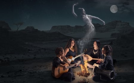 Conceptual band - moon, spirit, people, dancer, girl, night, creative, Conceptual band portrait, music, fantasy, instrument, woman, Diwan El Banat, situation, luna