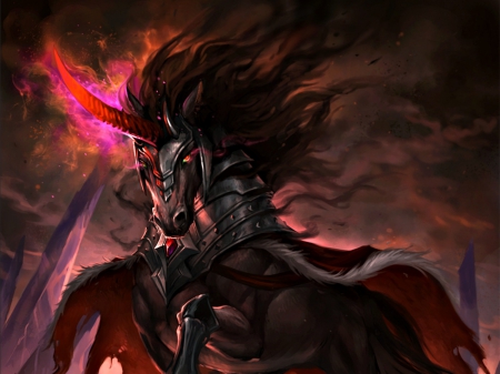 King Sombra - fantasy, black, art, dark, horse, villains, red, sandara, luminos, pink, king sombra, unicorn