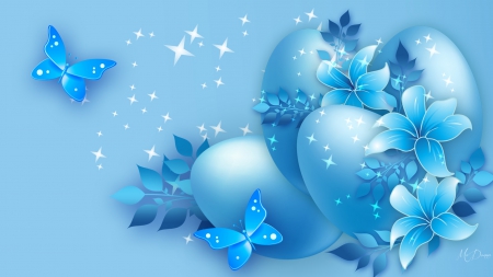 Easter Morning Blues - eggs, sparkle, lilies, blue, butterflies, spring, Easter, flowers, shine