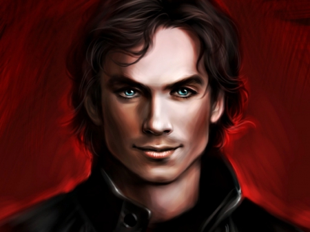 Ian Somerhalder - actor, daekazu, portrait, man, vampire diaries, black, red, painting, Ian Somerhalder, art, damon, blue eyes