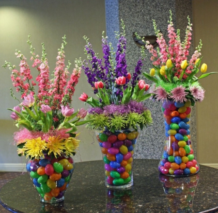 Multicolour for Easter - multicolour, eggs, glass, easter, colorful, jars, flowers, spring