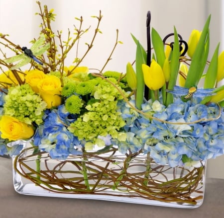 Beautiful Flowers - dragonflies, water, tulips, flower arrangements, vase, spring, yellow, blue, flowers, ornaments