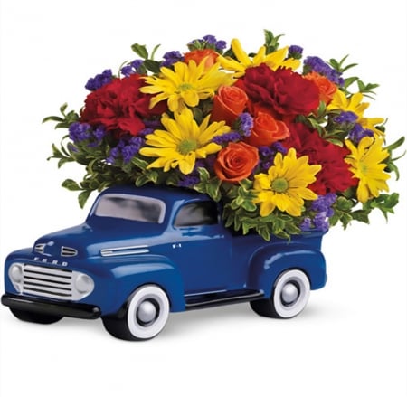 A truck of flowers - truck, flowers, colorful flowers, blue, old, miniature, kind