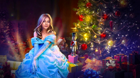 Christmas Beauty - gown, blue, romantic, beautiful, presents, girl, tree, christmas, colorful, fantasy, x-mas, digital, woman, art