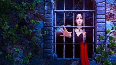 Trapped! - woman, girl, sad, fantasy, bars, art, lonely, window, beautiful, locked up, house, digital