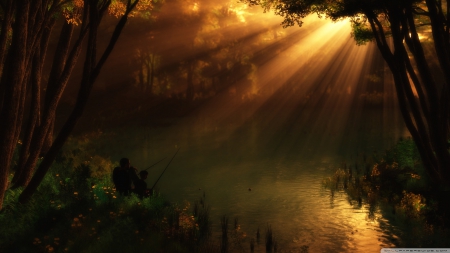 fishing - lake, rays, tree, sun