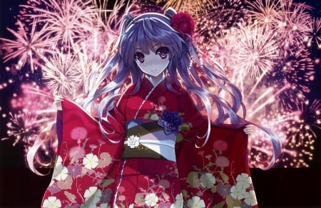 kimono girl - flowers, pretty, red kimono, beautiful, girl, cute, kimono, fireworks