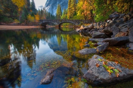 Autumn Bridge - trees, beautiful, forest, reflection, stone bridge, crystal clear water, leaves, fall, river, shore, mountains