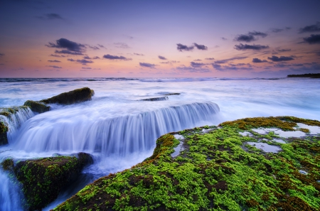 Sea - water cascade - moss, landscape, sea, water cascade