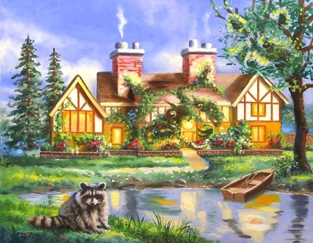 Three Coonies - boats, raccoons, swamp, lovely, spring, love four seasons, hourses, beautiful, paintings, flowers, colors