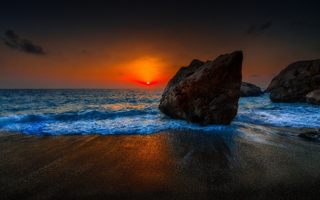 Beach Sunset - oceans, nature, beaches, sea, sunsets, rocks, sun, sky