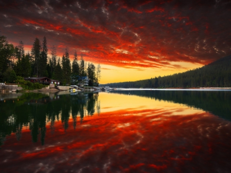 Reflection Clouds - clouds, house, trees, water, forest, reflection, river, sunset, nature, mountains, sky, park