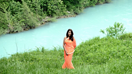 Beauty in Saree - pretty, female, saree, beautyful, orange, celebrity, actress, girls, river, smile, woman, model