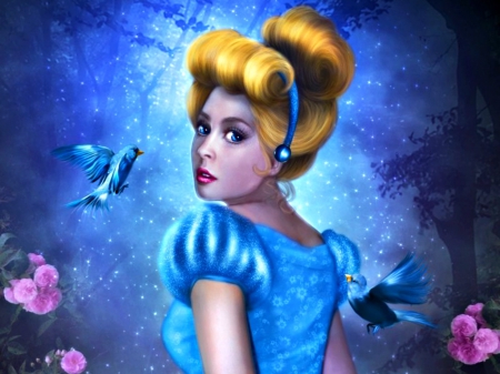 Cinderella - flower, pink, bird, blonde, girl, blue, art, fantasy, princess, disney, donatelladrago