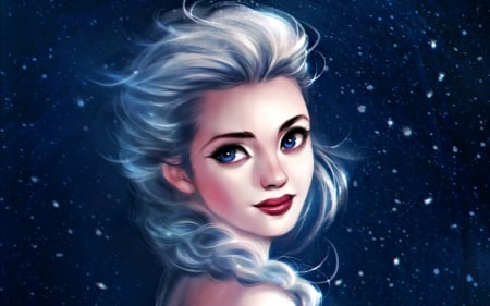 Elsa - winter, blue, daekazu, portrait, girl, snow queen, fantasy, red, princess, elsa, disney, art