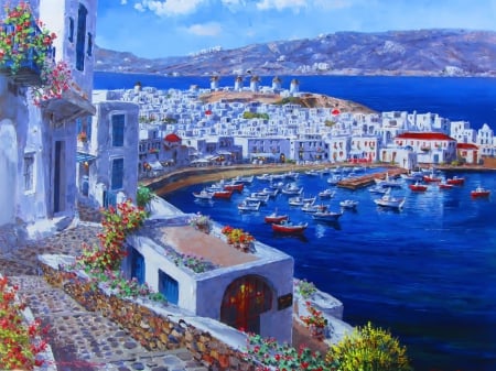 Mykonos - water, town, beautiful, sea, pier, boats, view, painting, greece, port, myconos, houses, art, sky