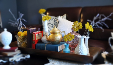 Decorating with books - pot, coffee table, decoration, small, books, teapot, still life, interior, home, vases, flowers, style, designs, vintage, living room