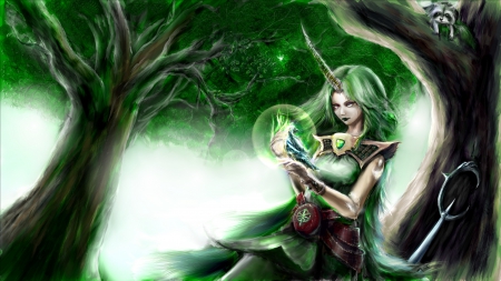 Soraka - soraka, game, girl, unicorn, art, fantasy, tree, league of legends, green