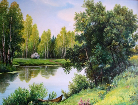 Forest birch - painting - river, birch, painting, boat, Forest