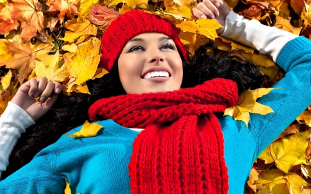 Woman - autumn - hat, Woman, scarf, autumn, leaves