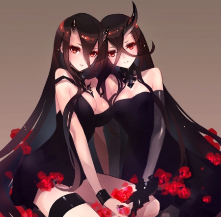 Beauty Twin Demons - pretty, anime, female, dress, long hair, horns, flowers, art, anime girl, red rose, beautiful, beauty, lovely, red eyes, girls, black, twins, lady, woman, black hair, cute