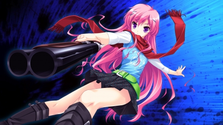 Anime Girl - gun, skirt, pink hair, long hair, wallpaper, scarf, boots, original, belt, anime, pink eyes