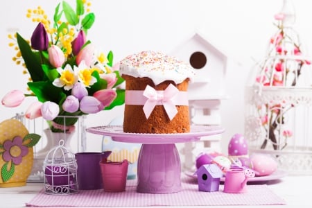 Easter - eggs, cake, tulips, easter, spring