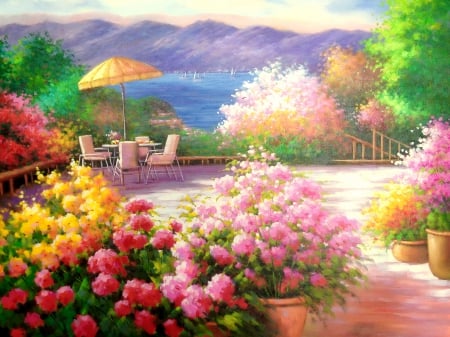 Paradise view - cove, trees, paradise, spring, painting, view, art, pretty, garden, lake, boats, mountain, tea, summer, lovely, beautiful, flowers