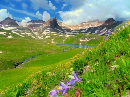 Green mountain - slope, landscape, hills, s sky, mountain, meadow, wildflower, beautiful, green, flowers