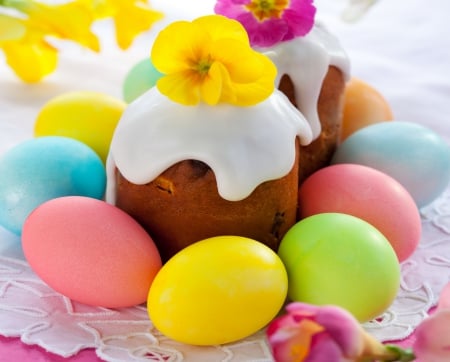 Easter - eggs, flowers, easter, spring, cake