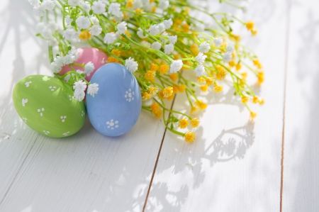 Easter - eggs, flowers, easter, wood, spring